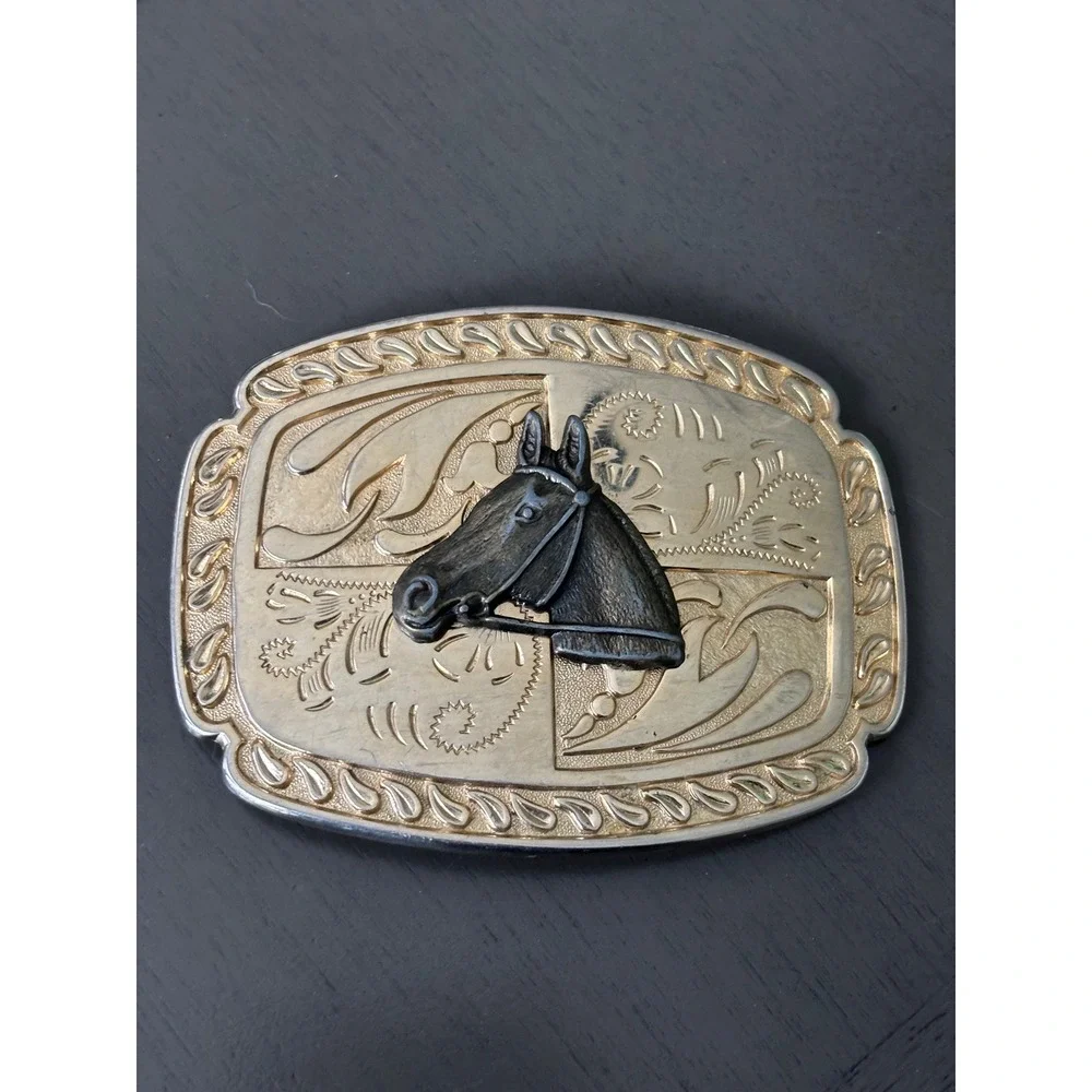 Vintage Western Horse Head Belt Buckle Two Tone Gold Silver Equestrian Cowboy